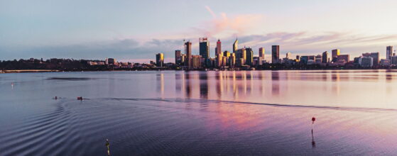 Low-angle view of modern buildings near the lake in Perth, Australia